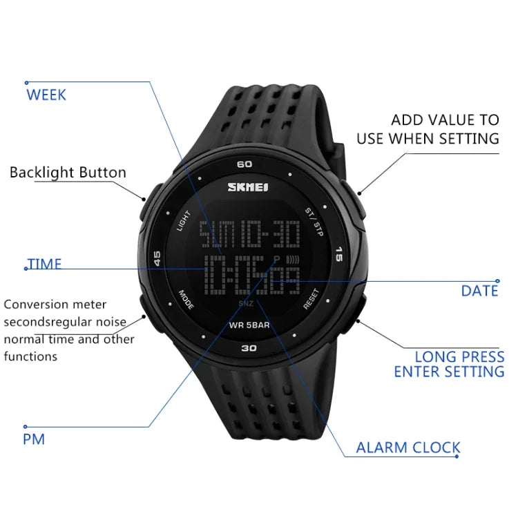 SKMEI 1219 Men Multi-Function Electronic Watch Outdoor Sports Watch, Green, Blue, Black, Rose Gold, Silver