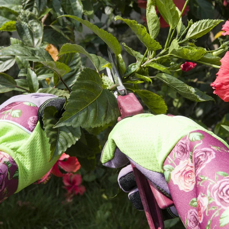 Gardening Stab Resistant Print Sleeve Wrist Extended Gloves, Green, Pink