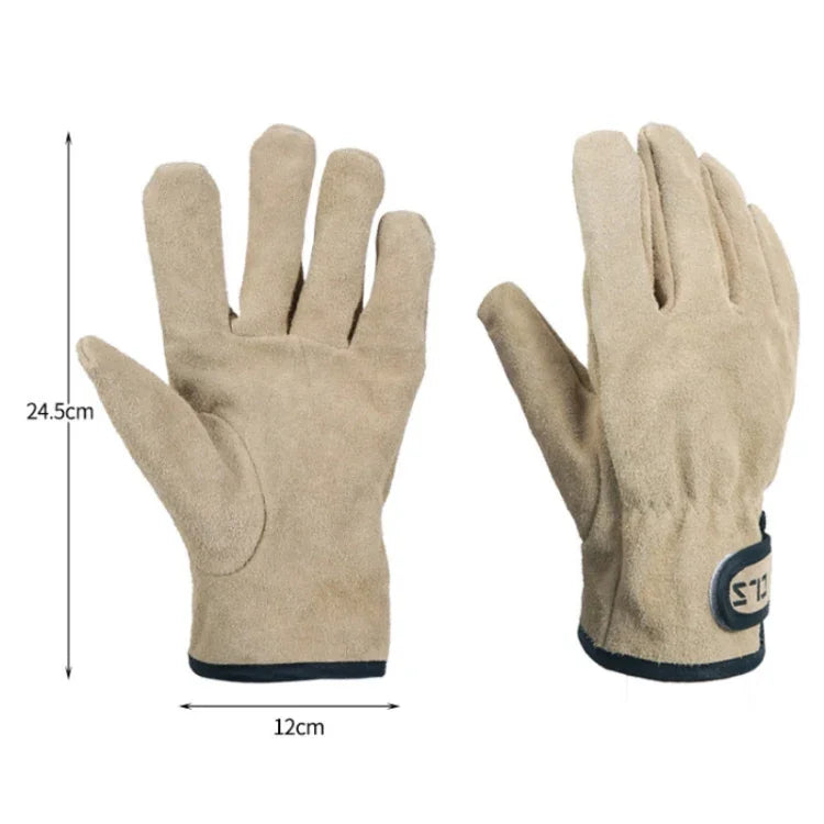 CLS Outdoor Cookout Barbecue Heat Resistant Protective Cowhide Gloves, Khaki, Silver Gray