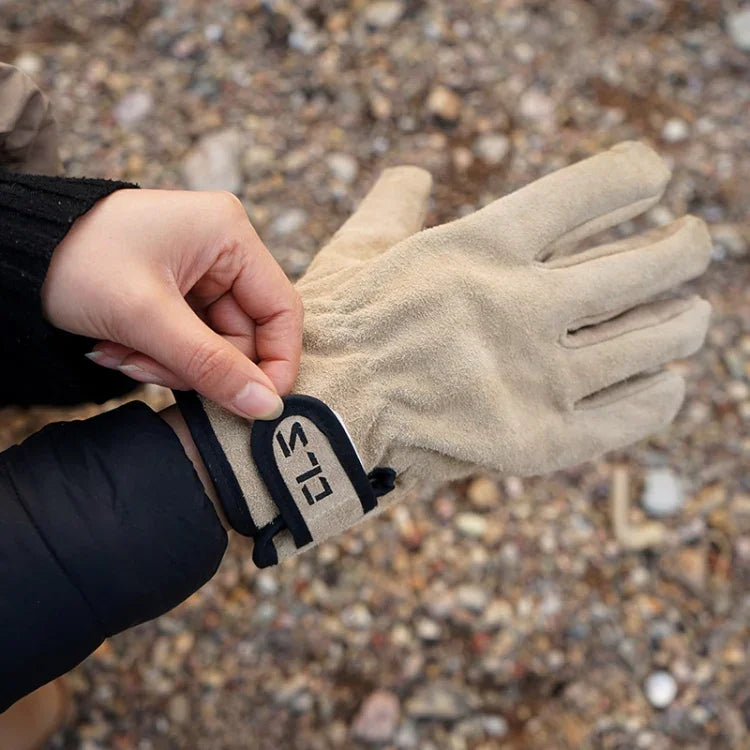 CLS Outdoor Cookout Barbecue Heat Resistant Protective Cowhide Gloves, Khaki, Silver Gray