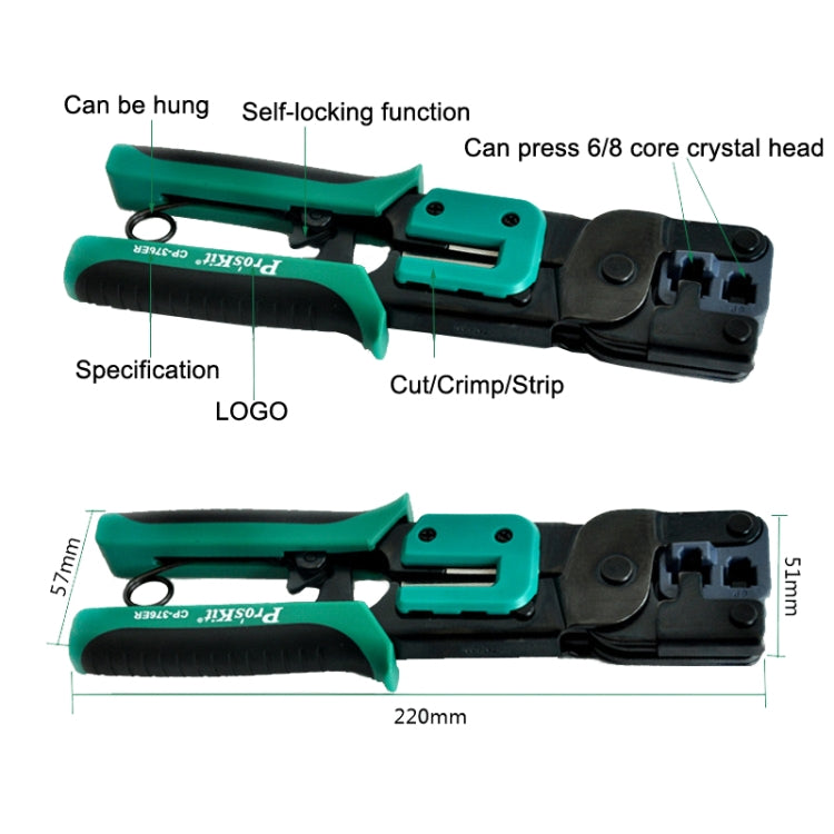 ProsKit Dual-purpose 6/8P Iron Handle Network Ratchet Crimping Plier, CP-376ER