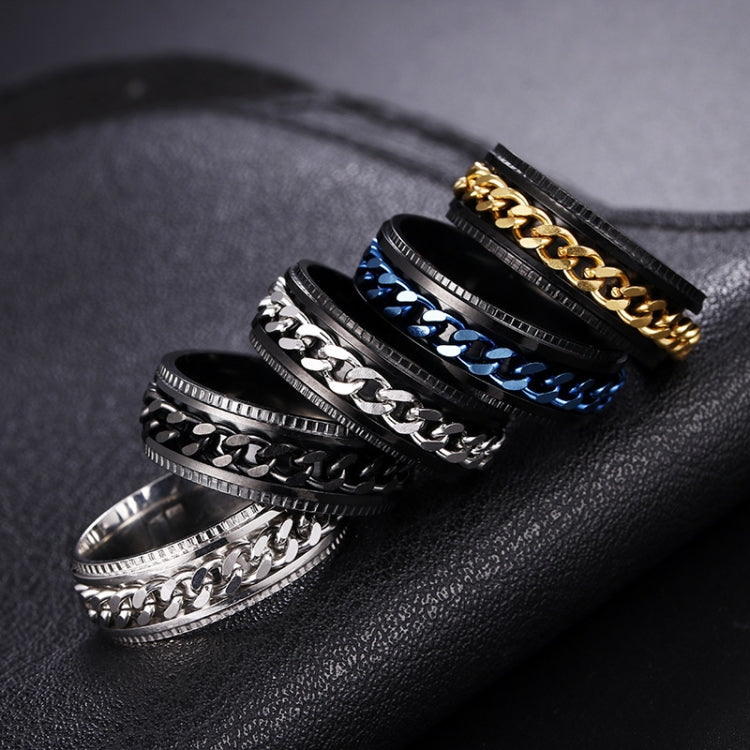 2 PCS Men Stainless Steel Embossed Turnable Chain Rings, Black, Steel Color, Black Steel Color, Dark Blue