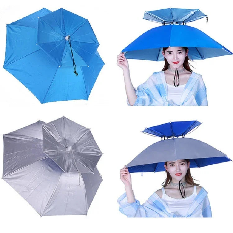 Double-layer Fishing Umbrella Hat Outdoor Sunscreen And Rainproof Folding Umbrella Hat, 95 Blue (Elastic Band), 95 Silver (Elastic Band), 95 Blue (Rubber Sleeve), 95 Silver (Rubber Sleeve), 80 Blue, 80 Camellia, 95 Blue Vinyl (Rubber Sleeve)