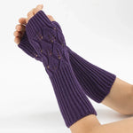 Winter Men and Women Knitted Jacquard Leaves Cycling Warm Fingerless Wool Gloves, Purple, Black, White, Jujube, Shallow Gray, Coffee, Deep Gray