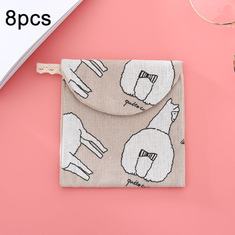 8pcs Cotton and Linen Sanitary Napkin Storage Bag Handy Clutch Bag, Black -bottomed White Tree, Gray Camel, Lucky Cat, Leaves, Blue Cat, Turtle