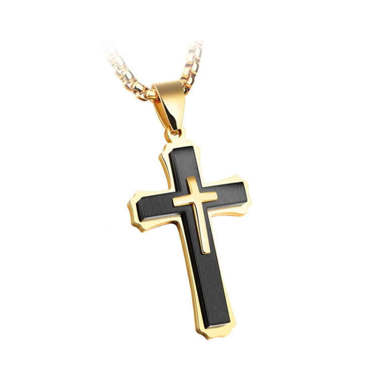 1213 Three Layer Cross Necklace Titanium Steel Men Necklace, Steel Color Pendant+3x55cm Pearl Chain, Black Pendant+3x55cm Pearl Chain, Gold Pendant+3x55cm Pearl Chain