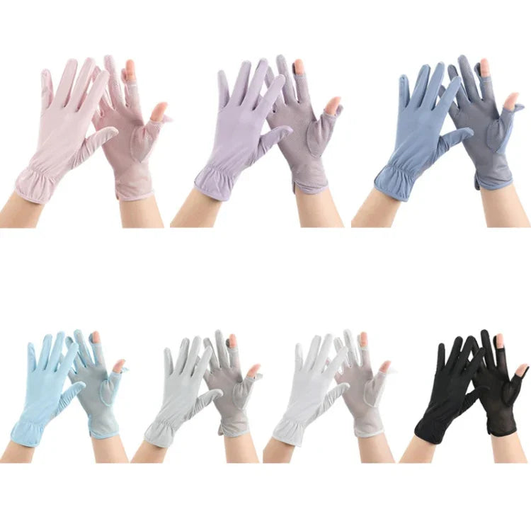 1pair Summer Sunscreen Breathable Thin Anti-ultraviolet Finger Fishing Ice Silk Gloves, Free Size