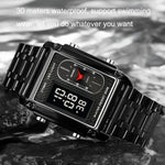 SKMEI 1868 Square Double Display Waterproof Men Watch, Style:, Steel Belt (Black), Leather Belt (Black), Steel Belt (Rose Gold), Leather Belt (Rose Gold), Steel Belt (Gold), Leather Belt (Gold), Steel Belt (Silver), Leather Belt (Silver)
