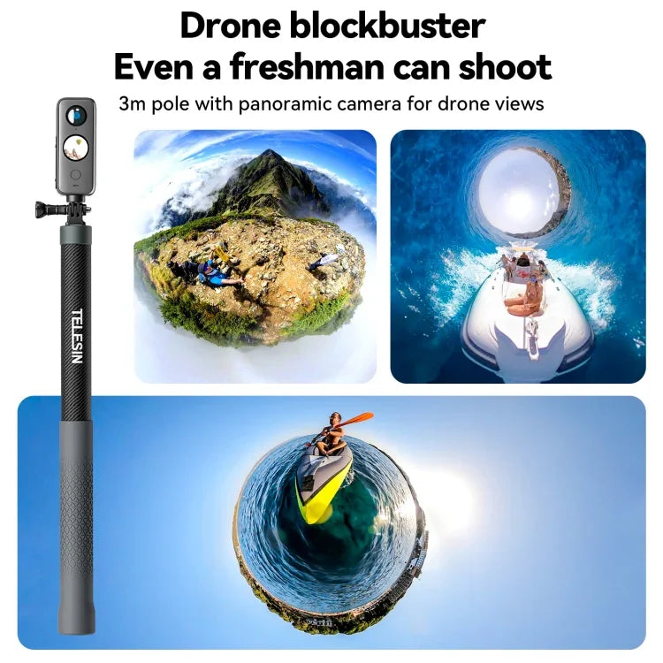 TELESIN 3M Carbon Fiber Selfie Stick Monopod  With 1/4 Screw For DJI, Insta360, GoPro and Other Action Cameras, 3m