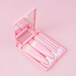 5pcs/Set Medium Portable Makeup Brush Set With Mirror Mini Multifunctional Makeup Brush, Brown, Rose Red, Pink, Fluorescent Green