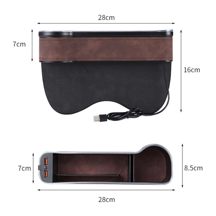 Car Central Control Seat Gap Storage Box with Dual USB Ambient Lights, Suede Khaki Co-pilot