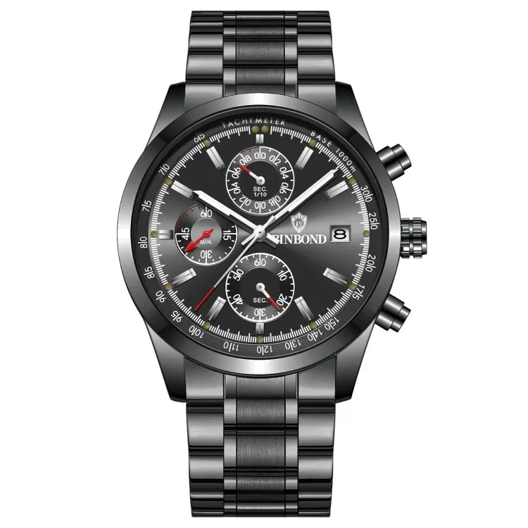 BINBOND B6022 30m Waterproof Luminous Multifunctional Quartz Watch, Leather-White Steel-Blue, Leather-White Steel-White, White Steel-White, Black Steel-Black, Black Steel-Blue