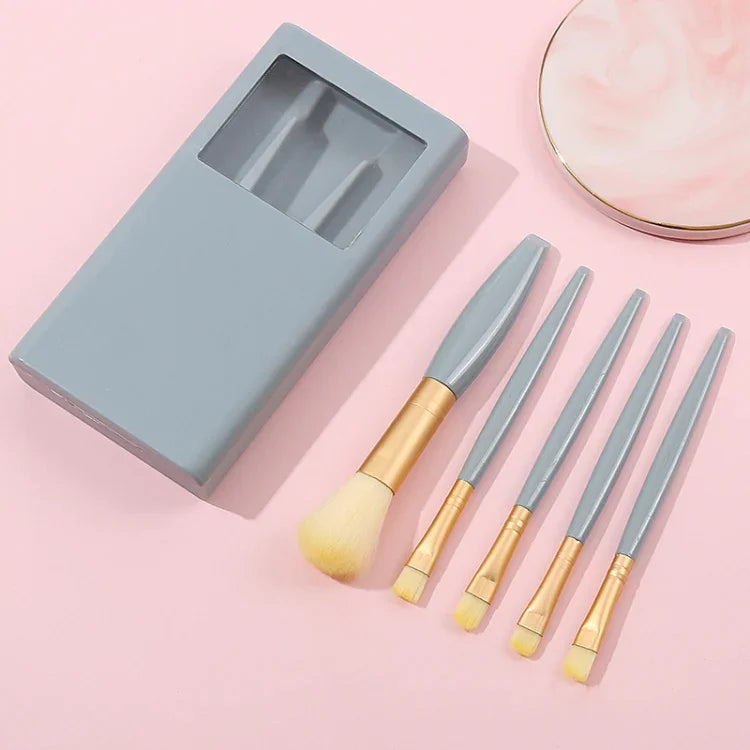 5 In 1 Windowed Mirror Case Portable Mini Multifunctional Makeup Brushes Cosmetic Tool Set, Bean Paste Color, Pink, Blue