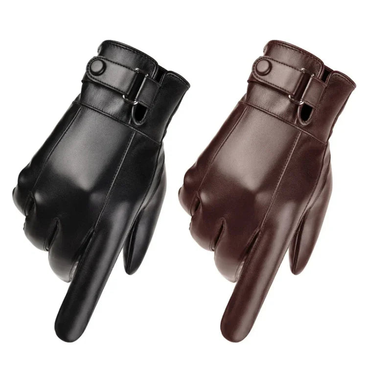 Fall Winter Men Leather Gloves PU Velvet Warm Riding Driving Touchscreen Gloves, Average