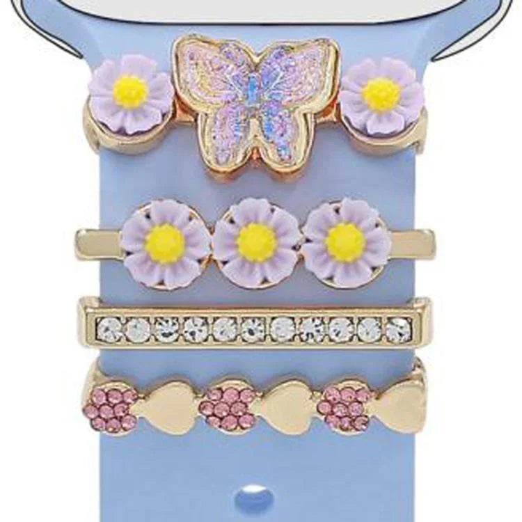 4pcs / Set 22mm Width Smart Watch Butterfly Flower Band Decorative Ring Metal Accessories, 1, 2, 3, 4