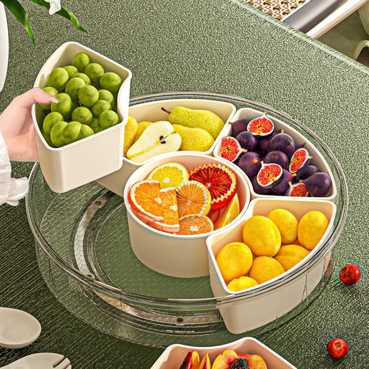 360-Degree Rotating 6-Compartment Snack Tray with Handle & Airtight Lid – Round Portable Food Storage Container for Fruits, Nuts, Candy, 6-Compartment