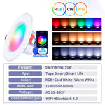Compatible With Tuya WIFI & Bluetooth Recessed Ceiling Light RGB+CW+WW Dimmable LED Downlight, 5W 2.5inch, 7W 3.5inch