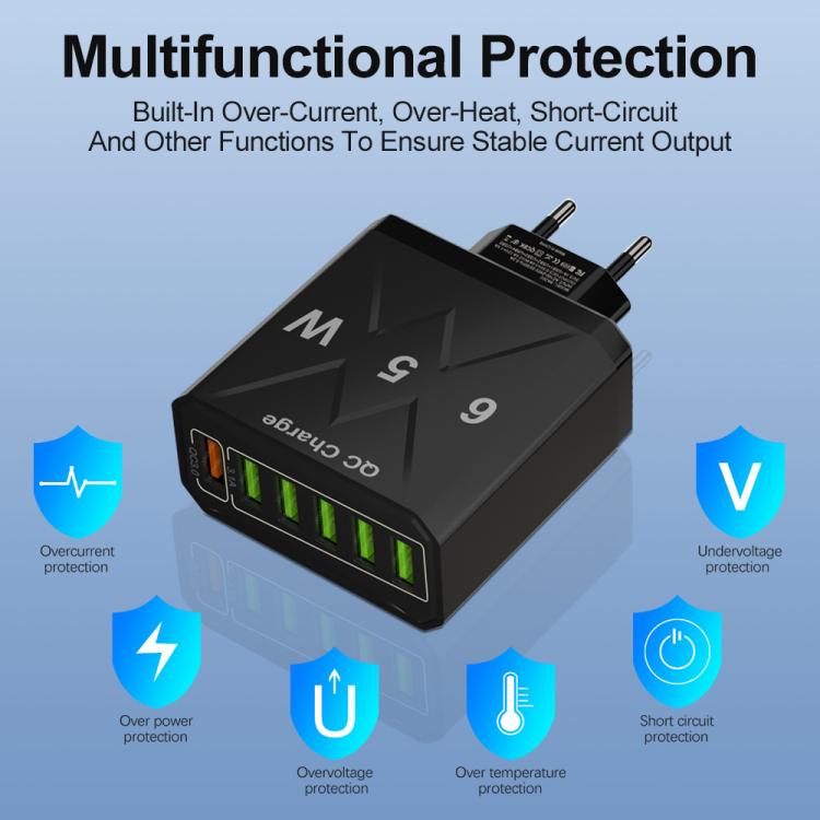 65W 6USB Ports QC3.0 Fast Charging Cell Phone Charger, EU Plug (Black), EU Plug (White), US Plug (Black), US Plug (White), UK Plug (Black), UK Plug (White)