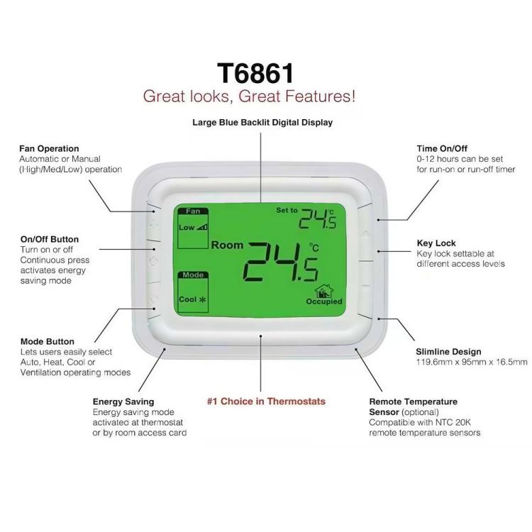 220V Digital Thermostat with Large LCD Display for FCU Air Conditioner, T6861H2WB, T6861H2WG