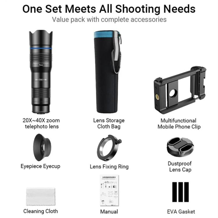 APEXEL Universal All-Metal 20-40x Telephoto Zoom Lens for Smartphones HD Phone Telescope for Moon & Concert Photography, APL-20-40X