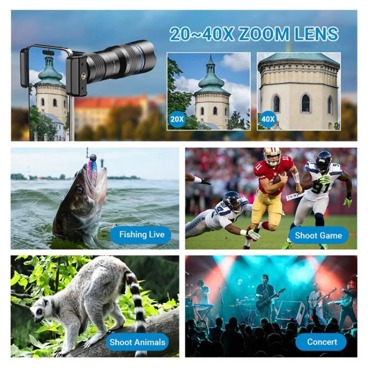 APEXEL Universal All-Metal 20-40x Telephoto Zoom Lens for Smartphones HD Phone Telescope for Moon & Concert Photography, APL-20-40X