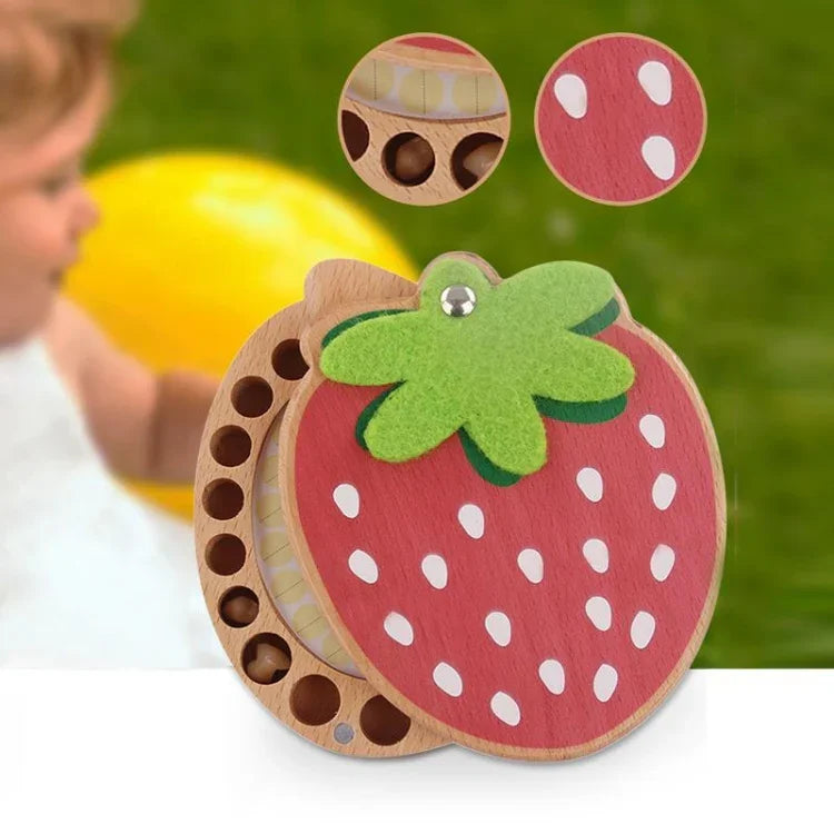 Strawberry Preserved Baby Teeth Wooden Preservation Box, Chinese Stickers, English Stickers