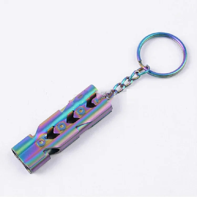 Outdoor High-decibel Stainless Steel Self-protection Double Tube Survival Whistle with Key Ring, Whistle (Silver), Whistle (titanium)