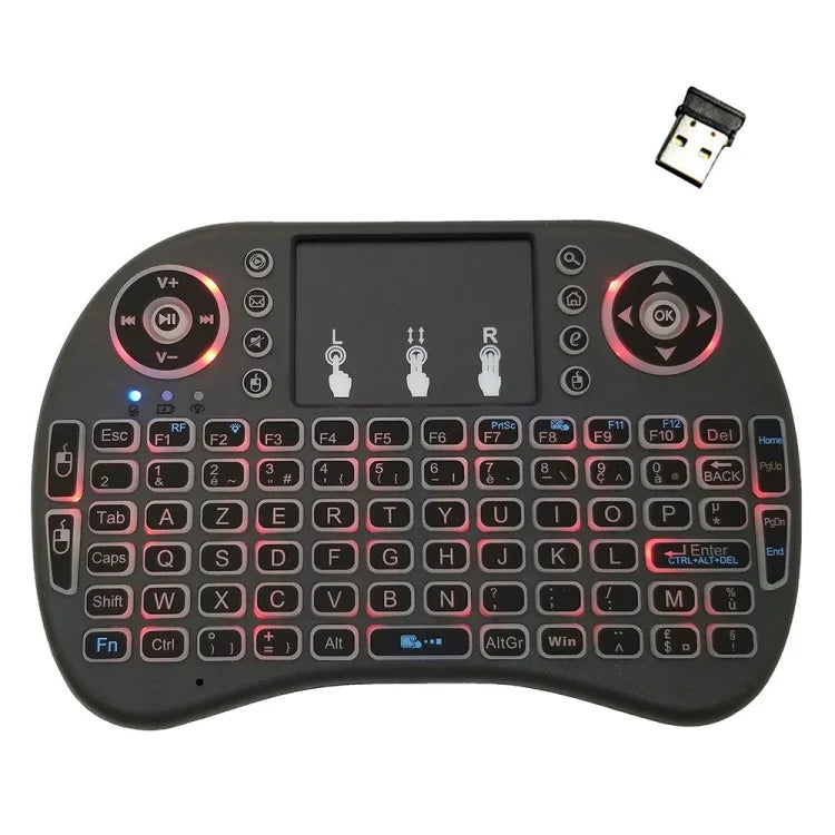 Support Language: French i8 Air Mouse Wireless Backlit Keyboard with Touchpad for Android TV Box & Smart TV & PC Tablet & Xbox360 & PS3 & HTPC/IPTV, French