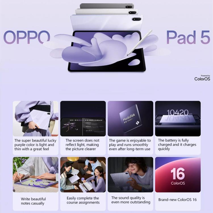 OPPO Pad 5 12.1 inch Tablet PC, 8GB+128GB, ColorOS 16.0 MediaTek Dimensity 8350 Octa Core, 8GB+128GB