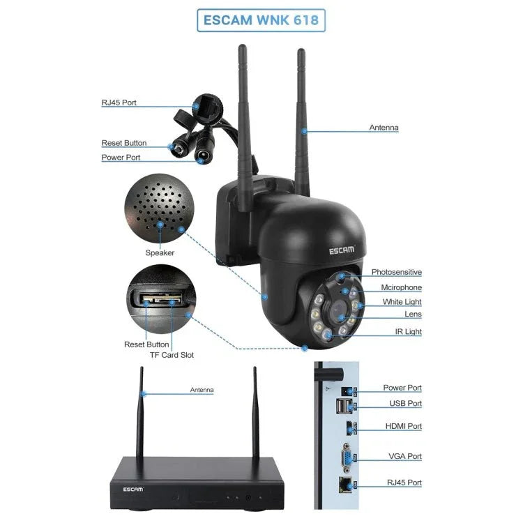 ESCAM WNK618 3.0 Million Pixels 8 - channel Wireless Dome Camera HD NVR Security System, Support Motion Detection & Two - way Audio & Full - color Night Vision & TF Card, EU Plug - Trustpick
